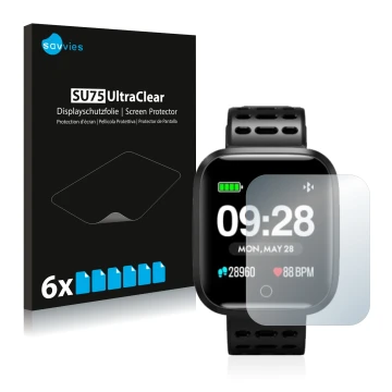 Front side of a product packaging with the brand logo Savvies. Next to it is the device Lenovo E1 shown with the corresponding