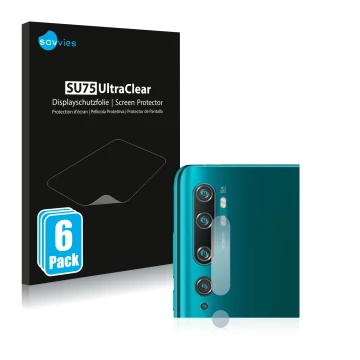 Front side of a product packaging with the brand logo Savvies. Next to it is the device Xiaomi Mi Note 10 Pro (ONLY Camera Len