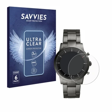 Front side of a product packaging with the brand logo Savvies. Next to it is the device Fossil Collider HR shown with the corr
