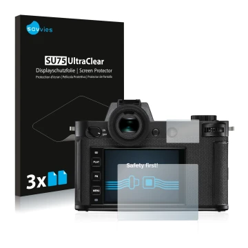 Front side of a product packaging with the brand logo Savvies. Next to it is the device Leica SL2 shown with the corresponding