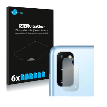 Front side of a product packaging with the brand logo Savvies. Next to it is the device Samsung Galaxy S20 (ONLY Camera Lens) 