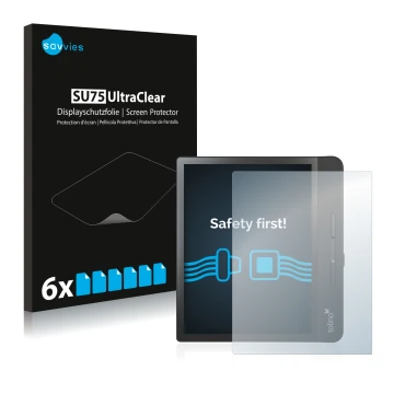 Front side of a product packaging with the brand logo Savvies. Next to it is the device Tolino Epos 2 shown with the correspon