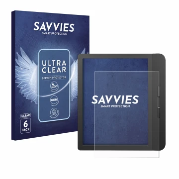 Front side of a product packaging with the brand logo Savvies. Next to it is the device Tolino Vision 5 shown with the corresp