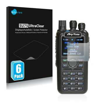 Front side of a product packaging with the brand logo Savvies. Next to it is the device AnyTone AT-D878UV shown with the corre