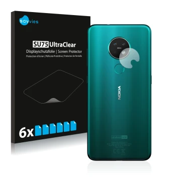 Front side of a product packaging with the brand logo Savvies. Next to it is the device Nokia 7.2 (ONLY Camera Lens) shown wit