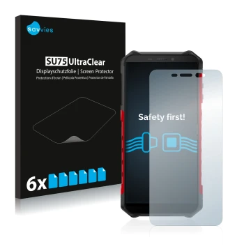 Front side of a product packaging with the brand logo Savvies. Next to it is the device Ulefone Armor X5 shown with the corres