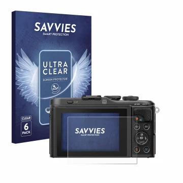 Front side of a product packaging with the brand logo Savvies. Next to it is the device Olympus PEN E-PL10 shown with the corr