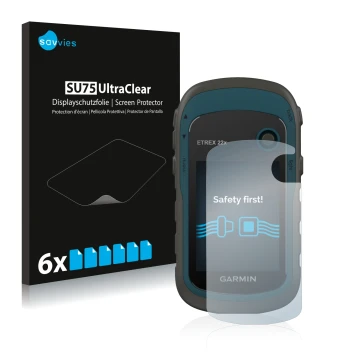 Front side of a product packaging with the brand logo Savvies. Next to it is the device Garmin eTrex 22x shown with the corres