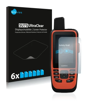 Front side of a product packaging with the brand logo Savvies. Next to it is the device Garmin GPSMAP 86i shown with the corre