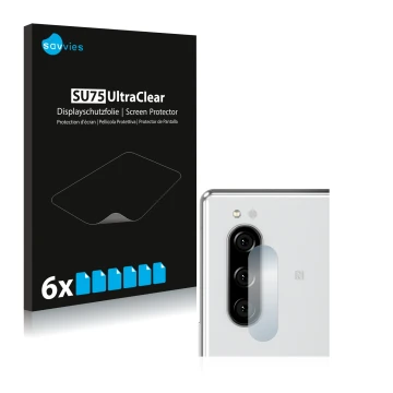 Front side of a product packaging with the brand logo Savvies. Next to it is the device Sony Xperia 5 (ONLY Camera Lens) shown