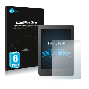 Front side of a product packaging with the brand logo Savvies. Next to it is the device Tolino Page 2 shown with the correspon