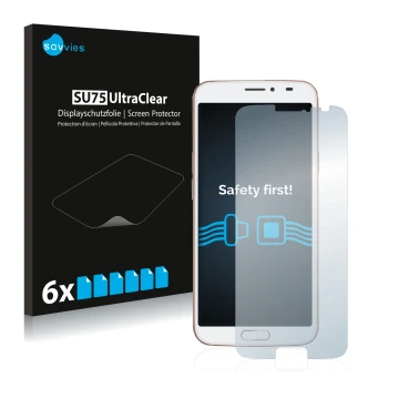 Front side of a product packaging with the brand logo Savvies. Next to it is the device Doro 8080 shown with the corresponding
