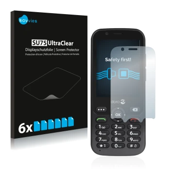 Front side of a product packaging with the brand logo Savvies. Next to it is the device Doro 7010 shown with the corresponding