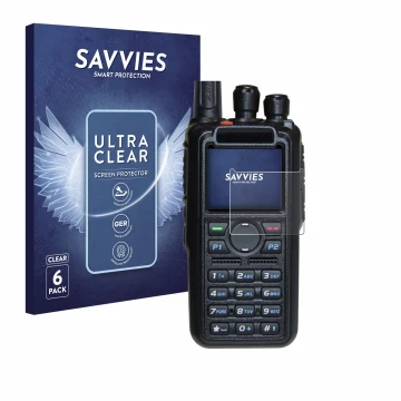 Front side of a product packaging with the brand logo Savvies. Next to it is the device AnyTone AT-D878UV Plus shown with the 