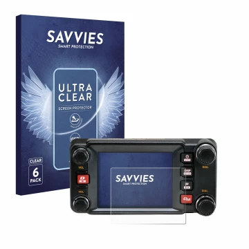 Front side of a product packaging with the brand logo Savvies. Next to it is the device Yaesu FTM-400XDR shown with the corres