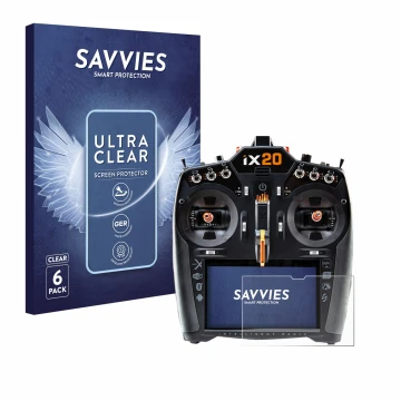 Front side of a product packaging with the brand logo Savvies. Next to it is the device Spektrum iX20 shown with the correspon