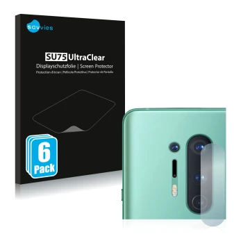 Front side of a product packaging with the brand logo Savvies. Next to it is the device OnePlus 8 Pro (ONLY Camera Lens) shown