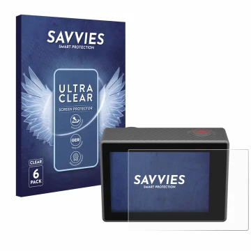 Front side of a product packaging with the brand logo Savvies. Next to it is the device Akaso V50 Elite shown with the corresp