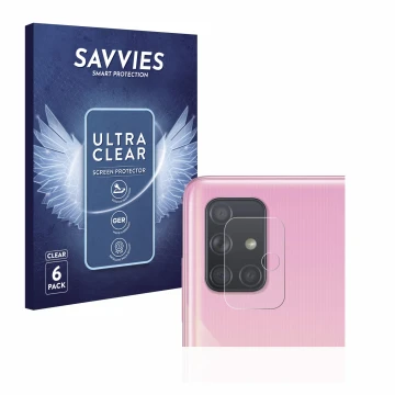 Front side of a product packaging with the brand logo Savvies. Next to it is the device Samsung Galaxy A51 (ONLY Camera Lens) 