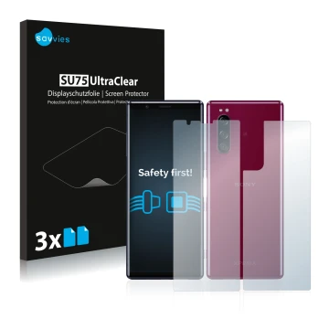 Front side of a product packaging with the brand logo Savvies. Next to it is the device Sony Xperia 5 (Front+Back) shown with 