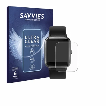 Front side of a product packaging with the brand logo Savvies. Next to it is the device Fitpolo ID205L 1.3