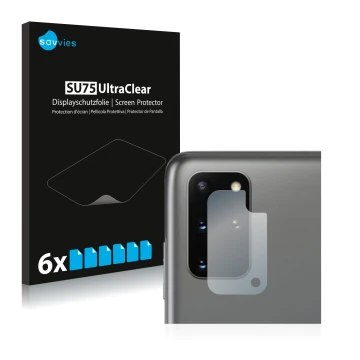 Front side of a product packaging with the brand logo Savvies. Next to it is the device Samsung Galaxy S20 Plus (ONLY Camera L