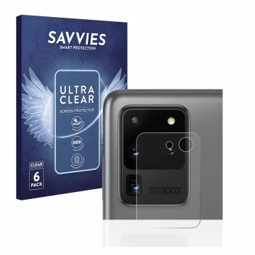 Front side of a product packaging with the brand logo Savvies. Next to it is the device Samsung Galaxy S20 Ultra (ONLY Camera 