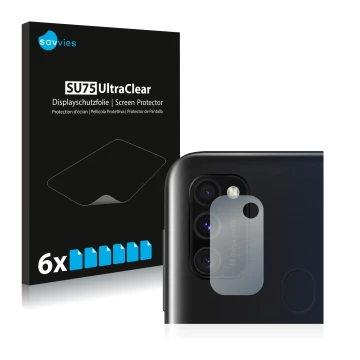 Front side of a product packaging with the brand logo Savvies. Next to it is the device Samsung Galaxy M30s (ONLY Camera Lens)