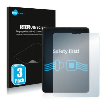 Front side of a product packaging with the brand logo Savvies. Next to it is the device Apple iPad Pro 11