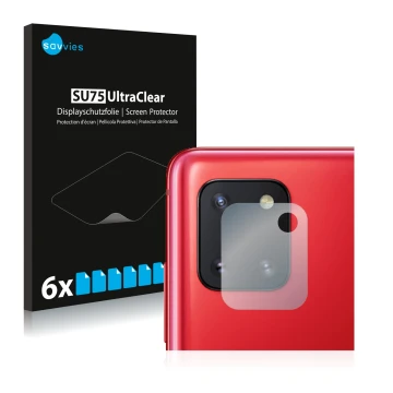 Front side of a product packaging with the brand logo Savvies. Next to it is the device Samsung Galaxy Note 10 Lite (ONLY Came