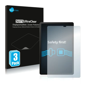 Front side of a product packaging with the brand logo Savvies. Next to it is the device Samsung Galaxy Tab S5e WiFi 2019 shown