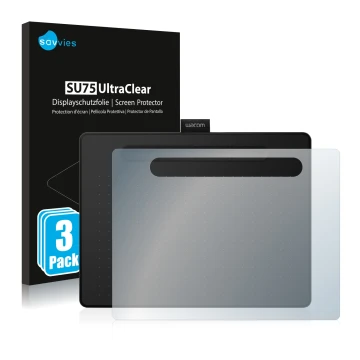 Front side of a product packaging with the brand logo Savvies. Next to it is the device Wacom Intuos M shown with the correspo