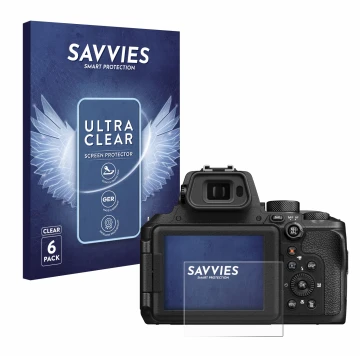 Front side of a product packaging with the brand logo Savvies. Next to it is the device Nikon Coolpix P950 shown with the corr