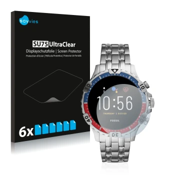 Front side of a product packaging with the brand logo Savvies. Next to it is the device Fossil Garrett HR (5. Gen) shown with 