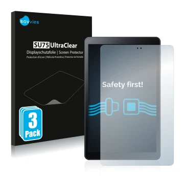 Front side of a product packaging with the brand logo Savvies. Next to it is the device Samsung Galaxy Tab A 10.5 WiFi 2018 sh