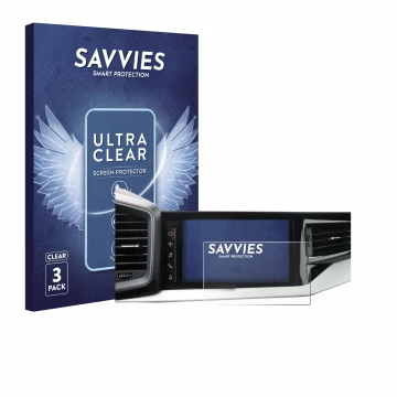Front side of a product packaging with the brand logo Savvies. Next to it is the device Audi A1 Sportback 2019 MMI Navigation 