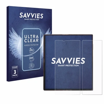 Front side of a product packaging with the brand logo Savvies. Next to it is the device Huawei Mate Xs shown with the correspo