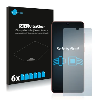 Front side of a product packaging with the brand logo Savvies. Next to it is the device Samsung Galaxy A31 shown with the corr