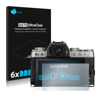 Front side of a product packaging with the brand logo Savvies. Next to it is the device Fujifilm X-T200 shown with the corresp