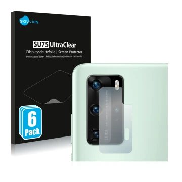 Front side of a product packaging with the brand logo Savvies. Next to it is the device Huawei P40 Pro (ONLY Camera Lens) show