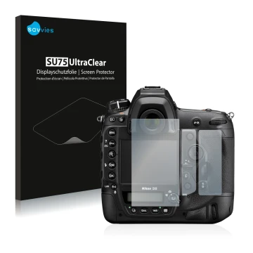 Front side of a product packaging with the brand logo Savvies. Next to it is the device Nikon D6 shown with the corresponding 