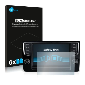 Front side of a product packaging with the brand logo Savvies. Next to it is the device Volkswagen Golf Sportsvan 2015 Discove