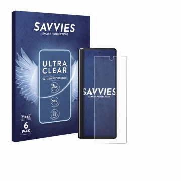 Front side of a product packaging with the brand logo Savvies. Next to it is the device Samsung Galaxy Z Fold 2 5G shown with 