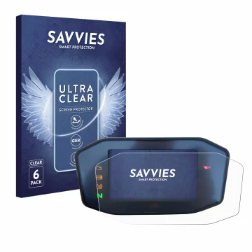 Front side of a product packaging with the brand logo Savvies. Next to it is the device KTM 890 Duke R 2020 TFT Screen shown w