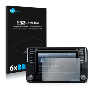 Front side of a product packaging with the brand logo Savvies. Next to it is the device Volkswagen Caddy 2015 Discover Media 6