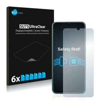 Front side of a product packaging with the brand logo Savvies. Next to it is the device Samsung Galaxy M31 shown with the corr