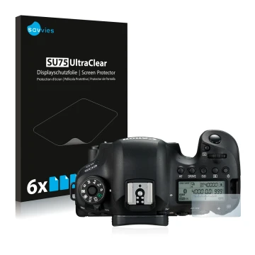 Front side of a product packaging with the brand logo Savvies. Next to it is the device Canon EOS 6D (top plate display) shown