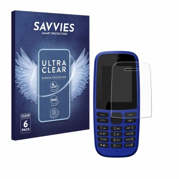 Front side of a product packaging with the brand logo Savvies. Next to it is the device Nokia 105 DS 2019 shown with the corre