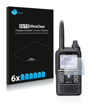 Front side of a product packaging with the brand logo Savvies. Next to it is the device Icom ID-51E Plus 2 shown with the corr