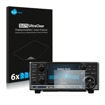 Front side of a product packaging with the brand logo Savvies. Next to it is the device Icom IC-R8600 shown with the correspon